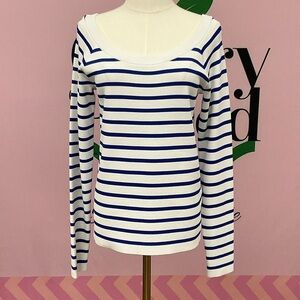 Lauren Ralph Lauren White & Blue Striped Scoop Neck Long Sleeve Top